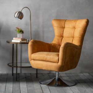 leather chair with side lamp and table